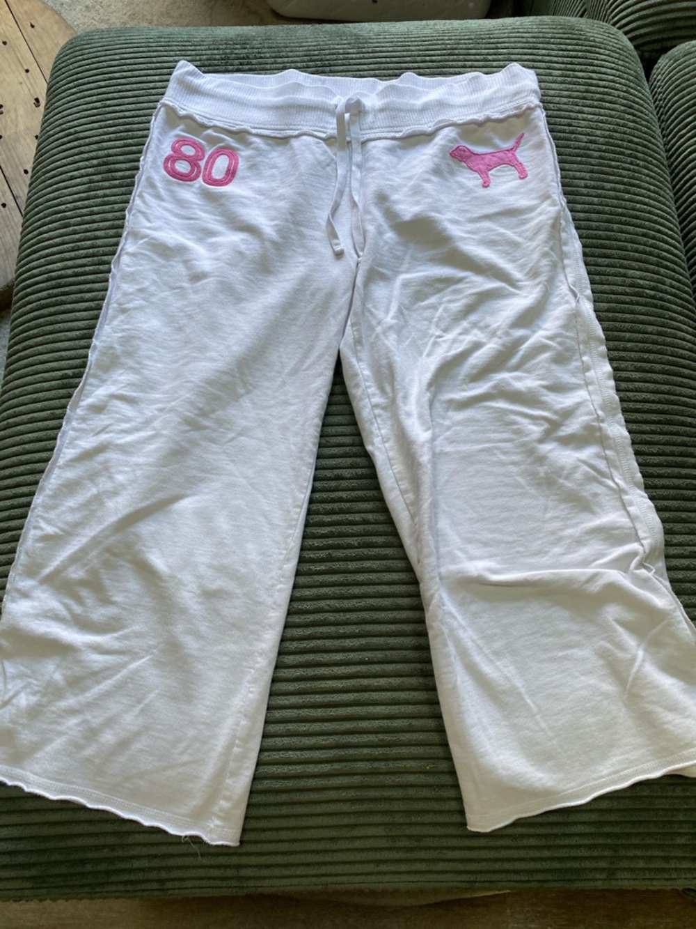 PINK Victoria's Secret White Capri Sweatpants with Pink Logo Y2K